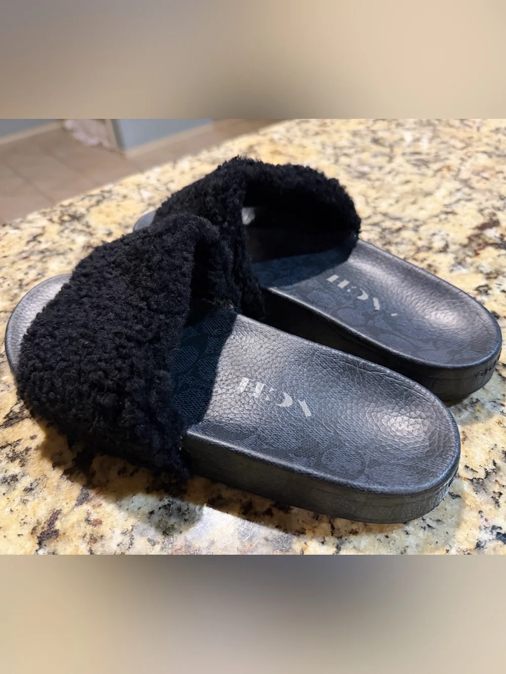Coach Black Shearling fuzzy Slide Sandals